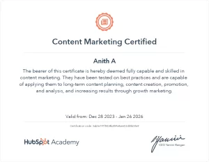 content marketing certificate from hobspot acadamy digital marketing expert in kochi